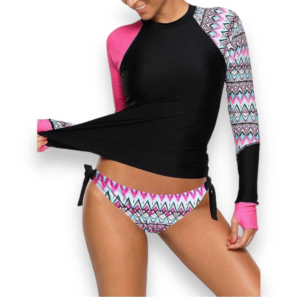 NEW Women’s Blue & Pink Geometric Print Tie Up Brazilian Bikini Bottoms Medium